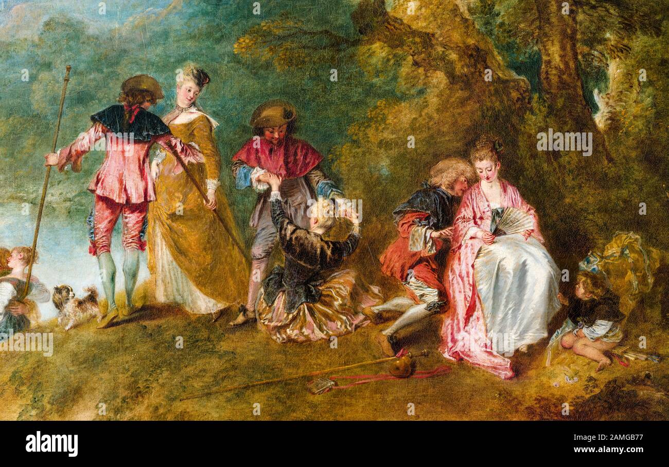 Jean-Antoine Watteau, Pilgrimage to Cythera, (The Embarkation for Cythera), painting detail, 1717 Stock Photo