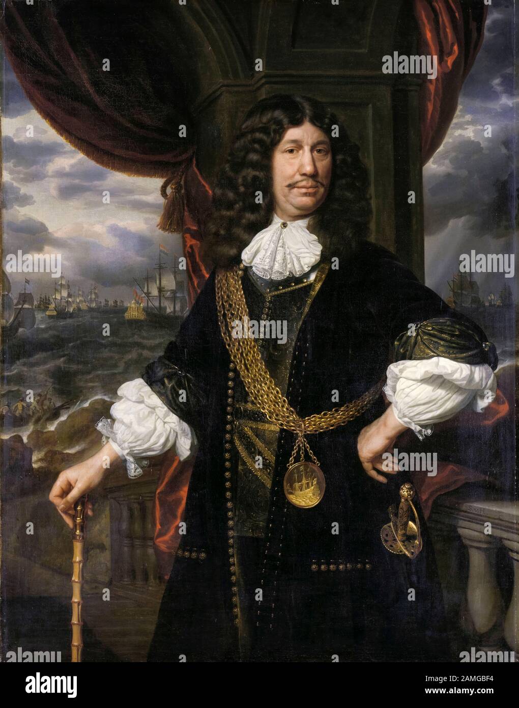 Mattheus van den Broucke (1620-1685), Governor, The Indies, Dutch East India Company medal, portrait painting by Samuel Dirksz van Hoogstraten, 1670-1678 Stock Photo