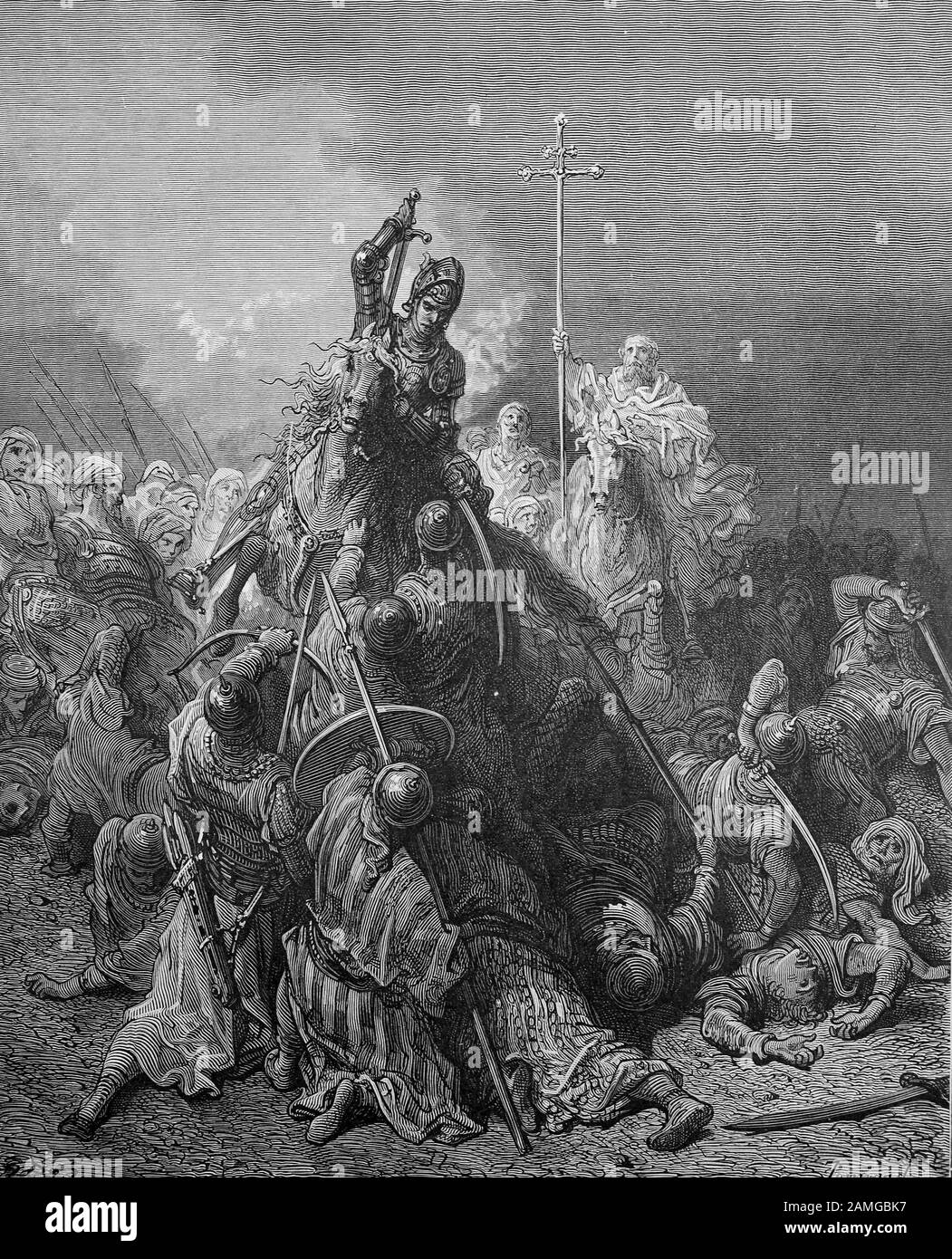 The crusades were a series of religious wars in western Asia and Europe initiated, supported and sometimes directed by the Catholic Church, the fighting, Johannes Banfi Hunyades und Tapistran beim Kampf, original print from th 19th century, Historisch, digital improved reproduction of an original from the 19th century / digitale Reproduktion einer Originalvorlage aus dem 19. Jahrhundert Stock Photo