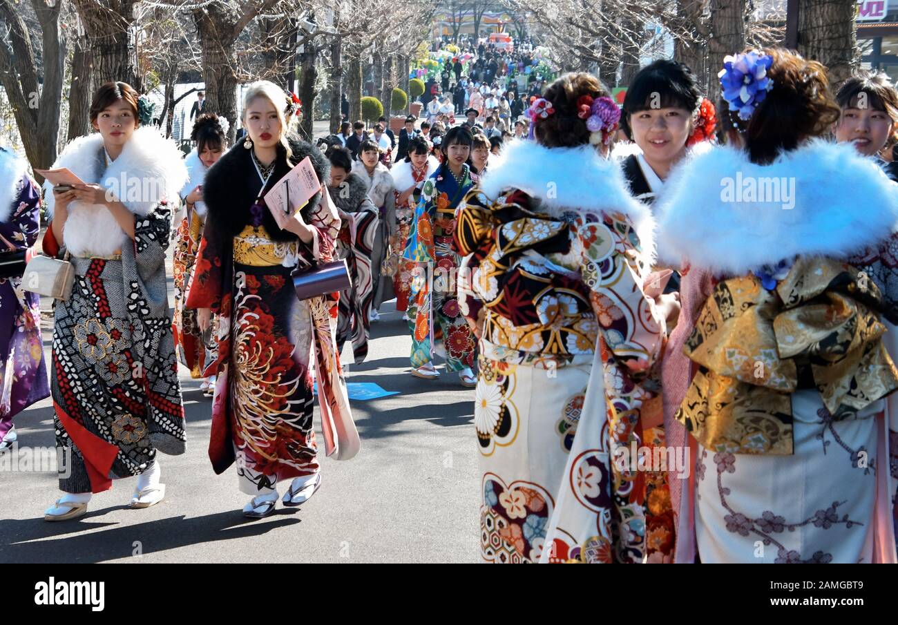 Tokyo, Japan. 13th Jan, 2020. 20-year-old participant gather for the Coming-of-Age Day ceremony at an amusement park 'Toshimaen' in Tokyo, Japan on Monday, January 13, 2020. Turning 20 years old peoples are 1.22 million in Japan, about 30,000 less than last year. Photo by Keizo Mori/UPI Credit: UPI/Alamy Live News Stock Photo