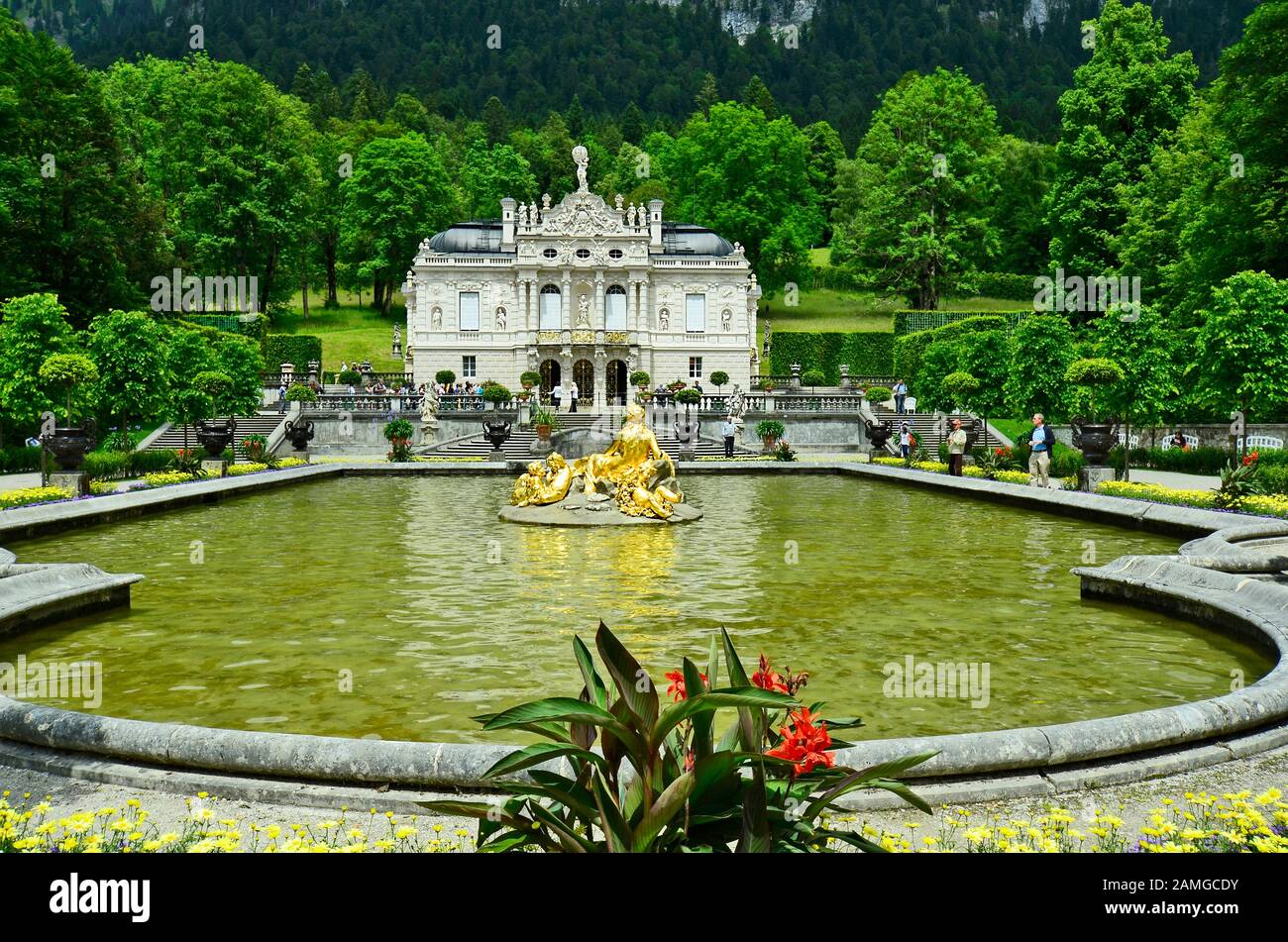 Linderhof, Germany - June 27th 2014: Unidentified tourists visite Linderhof palace in Bavaria one of the castles of former king  Ludwig II Stock Photo