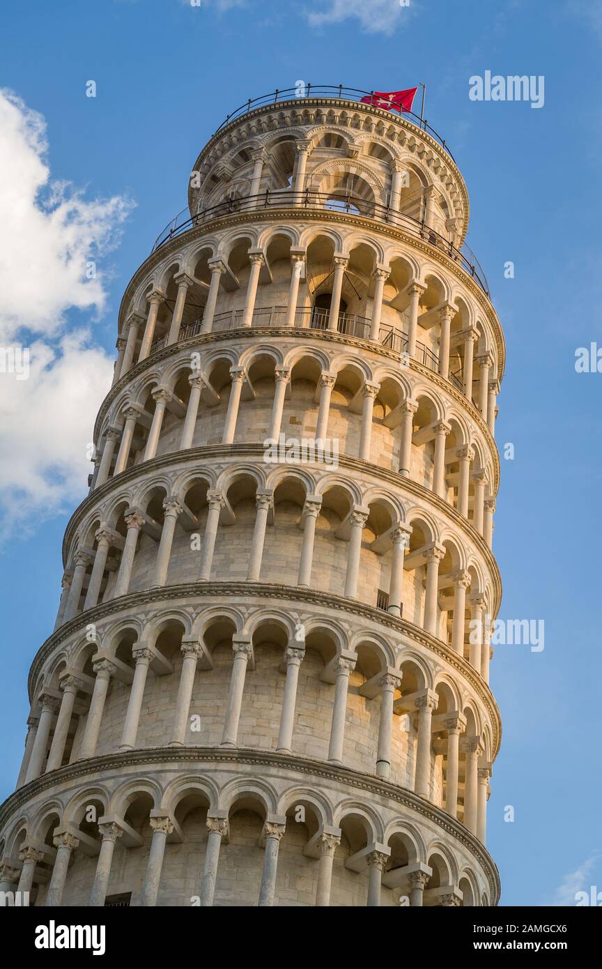 Close photo of Pisa tower upper part. Most popular travel landmark at Pisa, Italy. Stock Photo