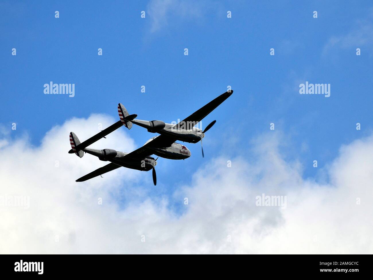 ZELTWEG, AUSTRIA - JULY 0Zeltweg, Austria - July 01, 2011: Display with vintage WWII fighter aircraft Lightning P38  by public airshow Airpower11 Stock Photo