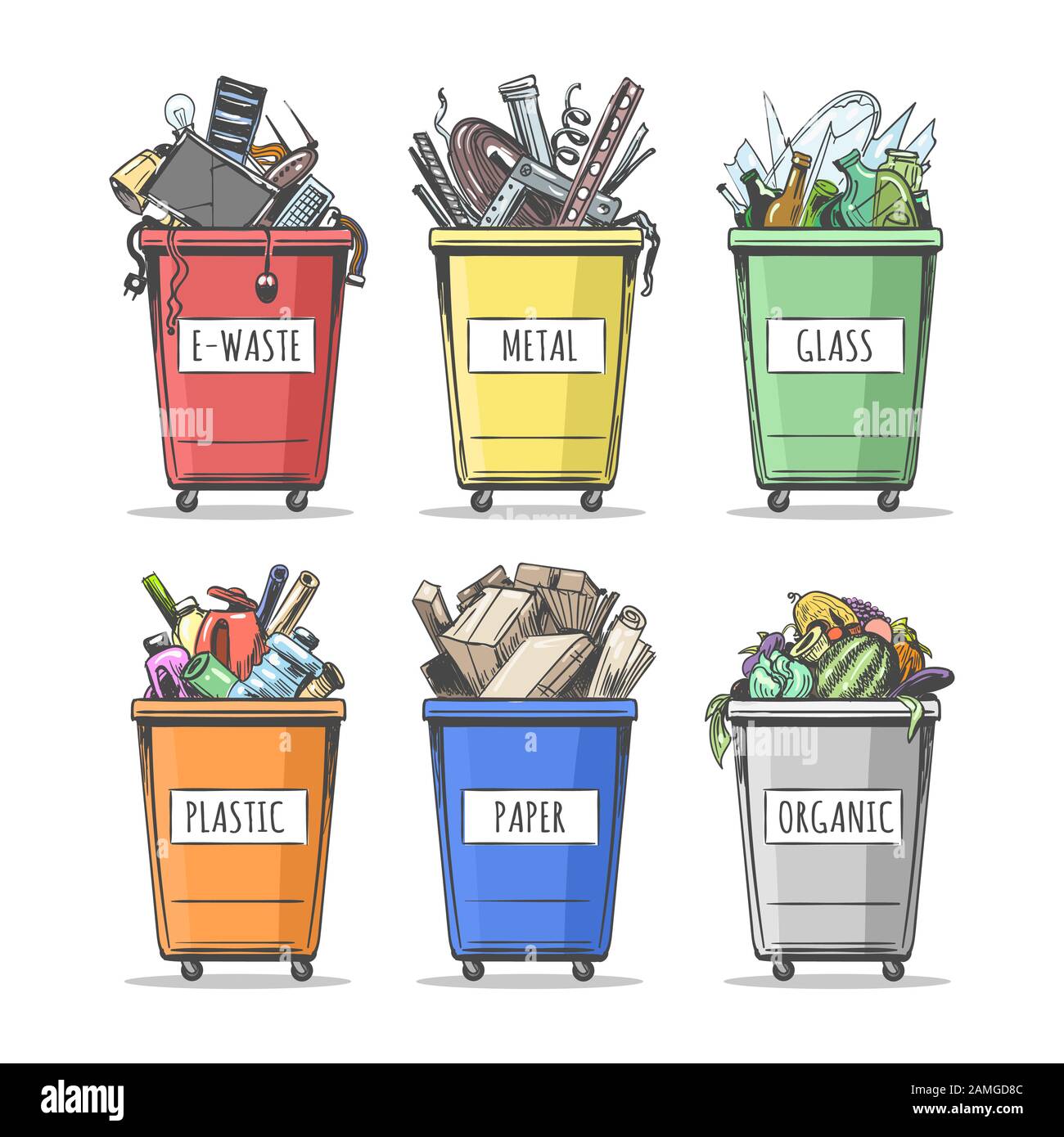Set of colorful doodle waste separation containers. Collection of hand drawn garbage Trash Can isolated on white background. Vector illustration. Stock Vector