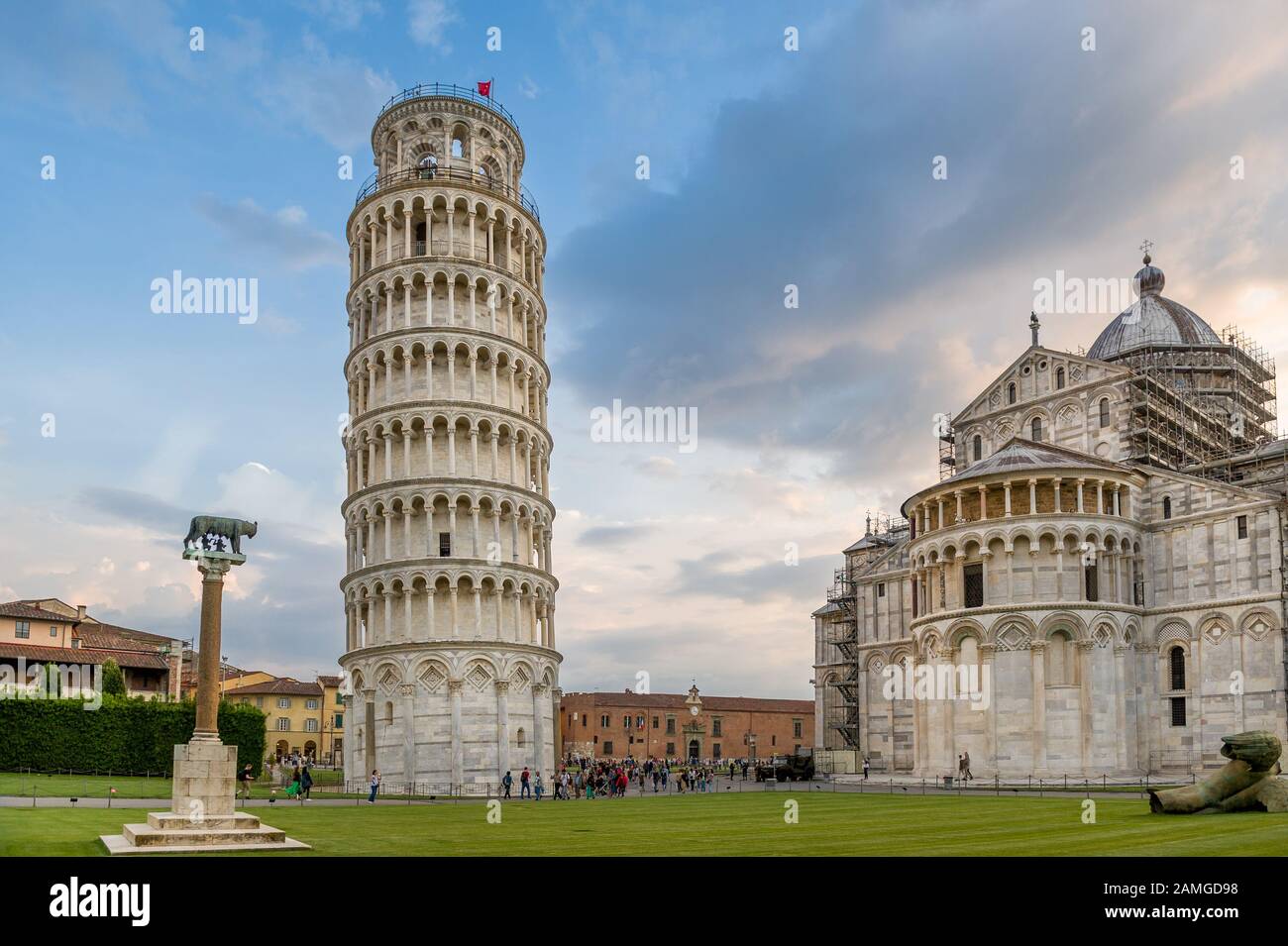 Pisa tower and cathedral at evening light. Piazza del Duomo, Pisa, Italy. Stock Photo