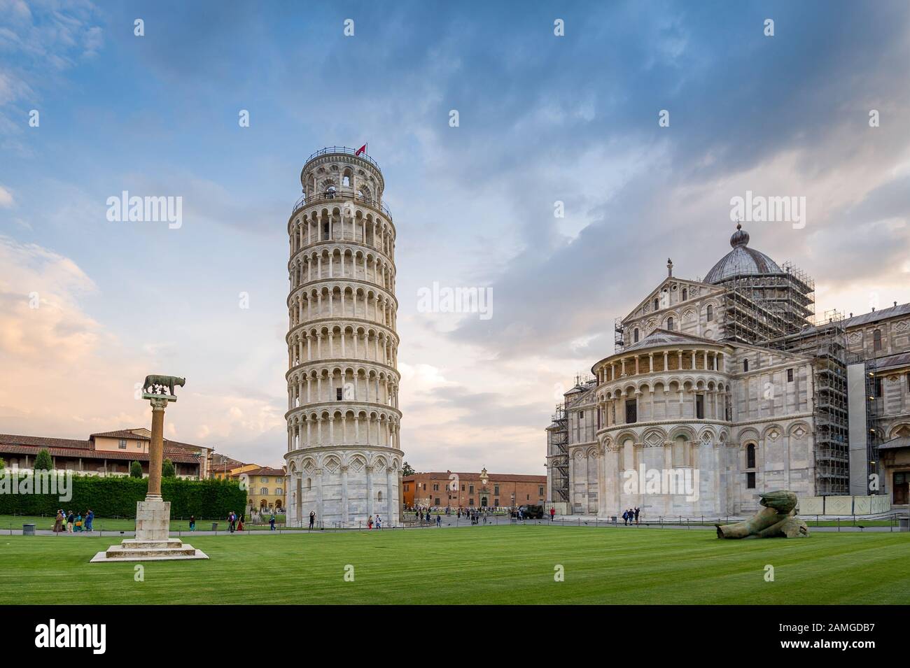 Pisa Duomo, famous tiltimg tower and central squaer at sunset. Pisa, Italy. Stock Photo