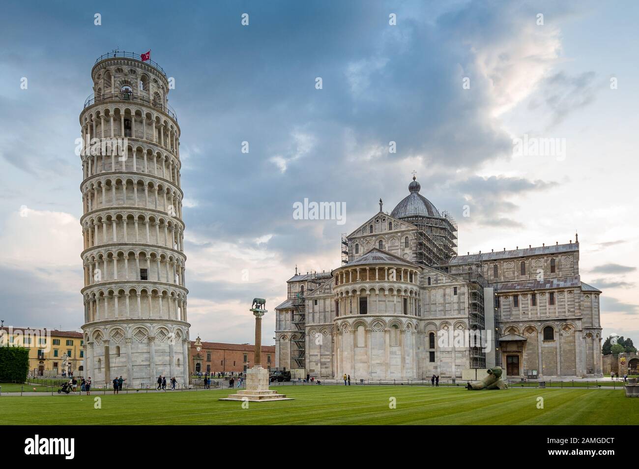 Piazza del Duomo and Pisa tower at susnet. Toscano, Italy. Stock Photo