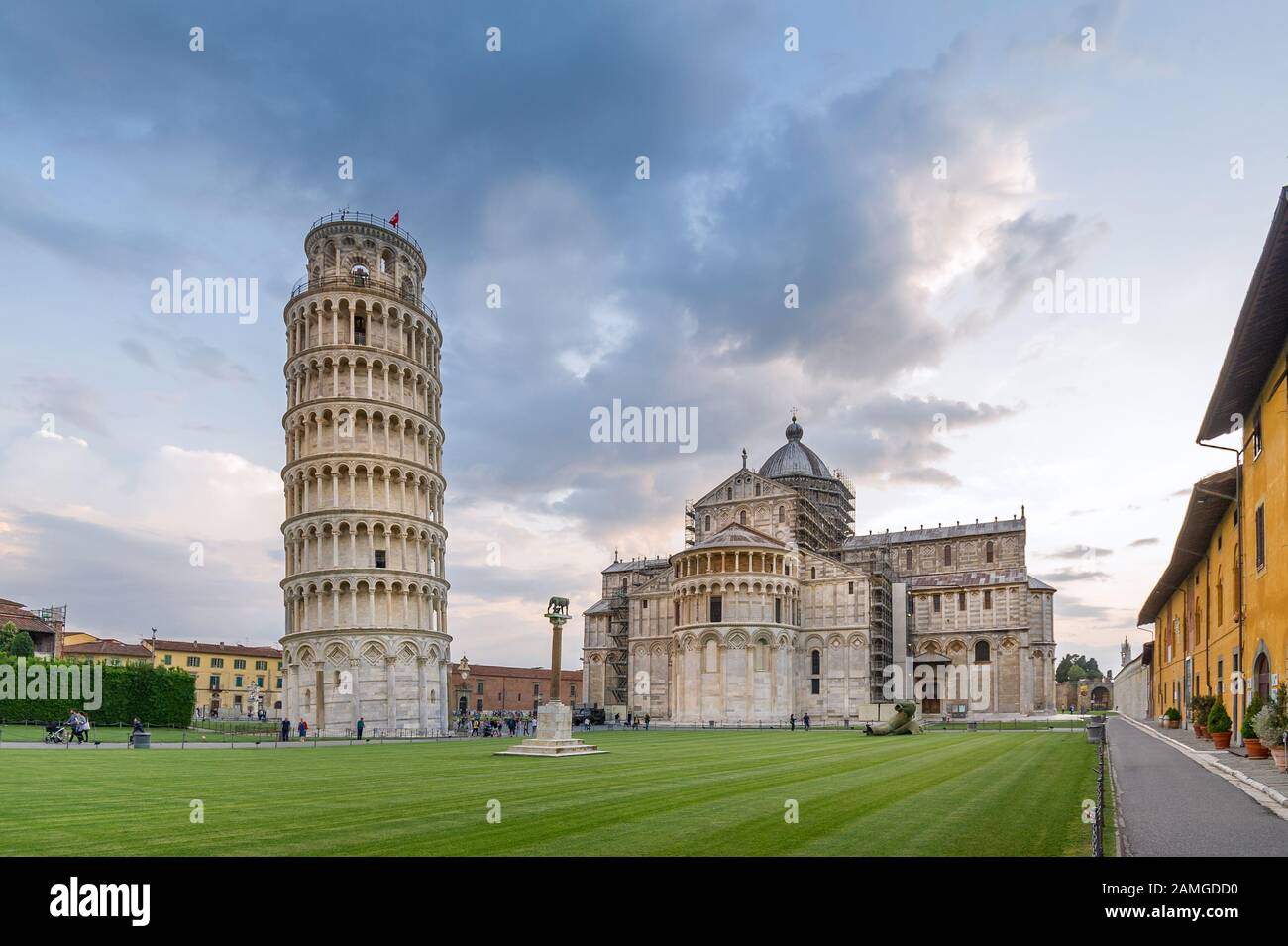 Evening light an Pisa center, view of most famous attractions, Duomo cathedral and tilting tower. Pisa, Italy, Stock Photo