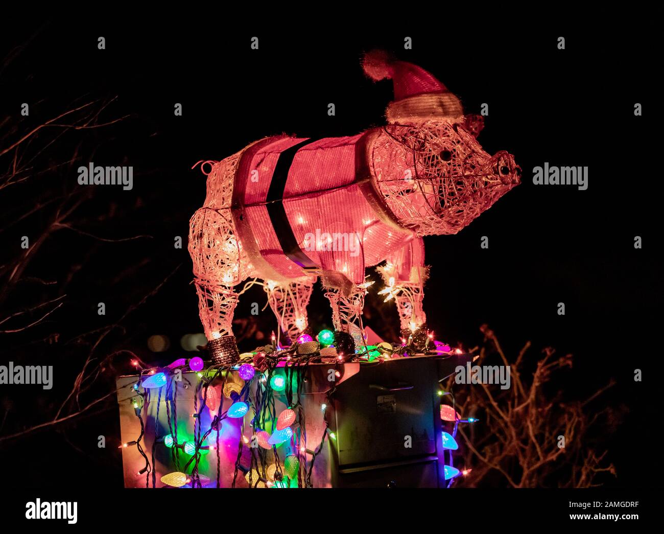 Christmas pig ornament on a mailbox Stock Photo