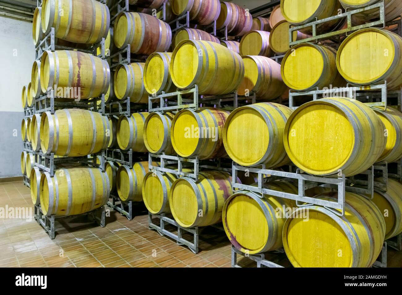Oak barrels for aging the wine in the cellar. Barrels for the