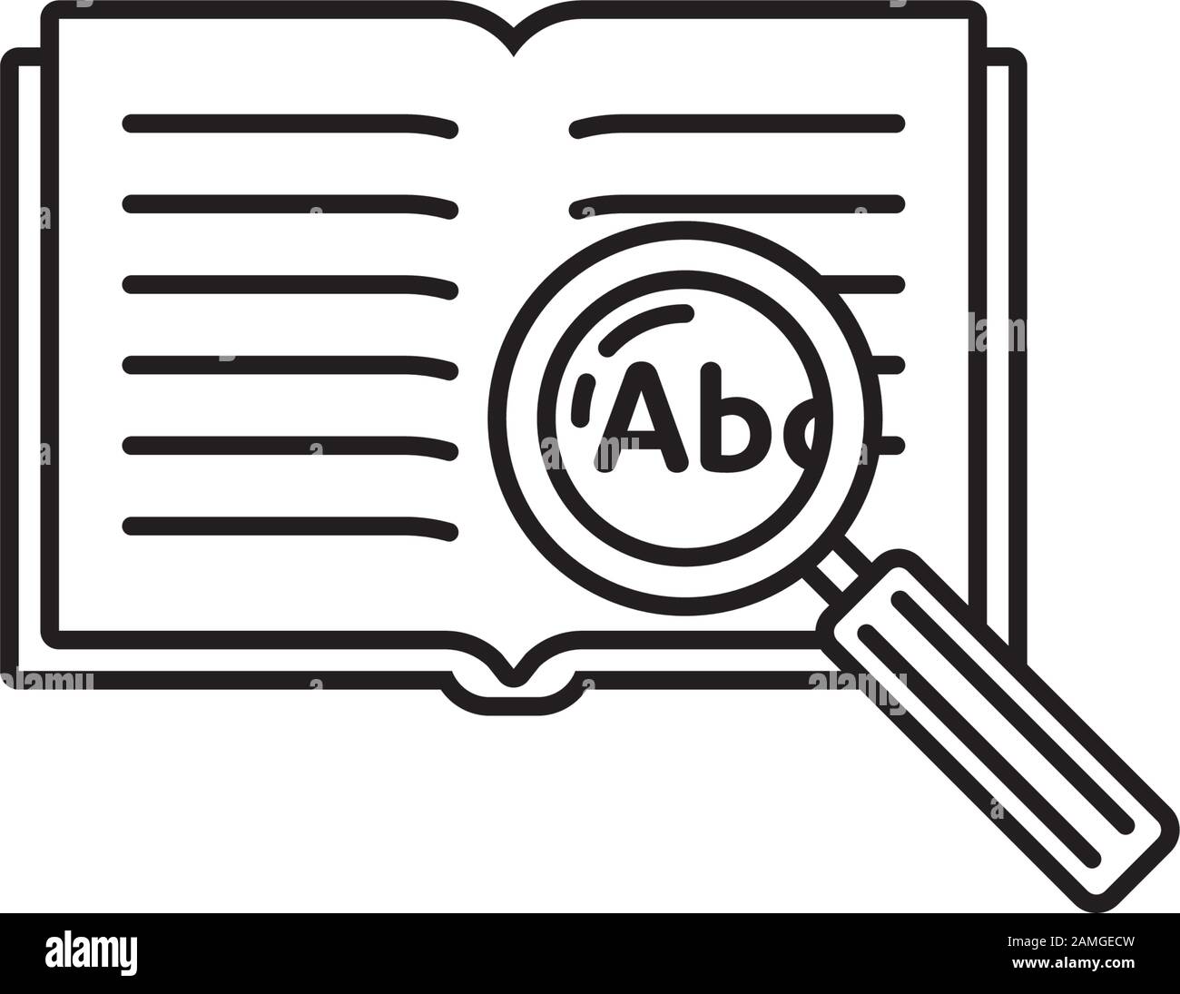Thesaurus or encyclopedia with magnifying glass vector outline icon. Knowledge, learning and education symbol. Stock Vector