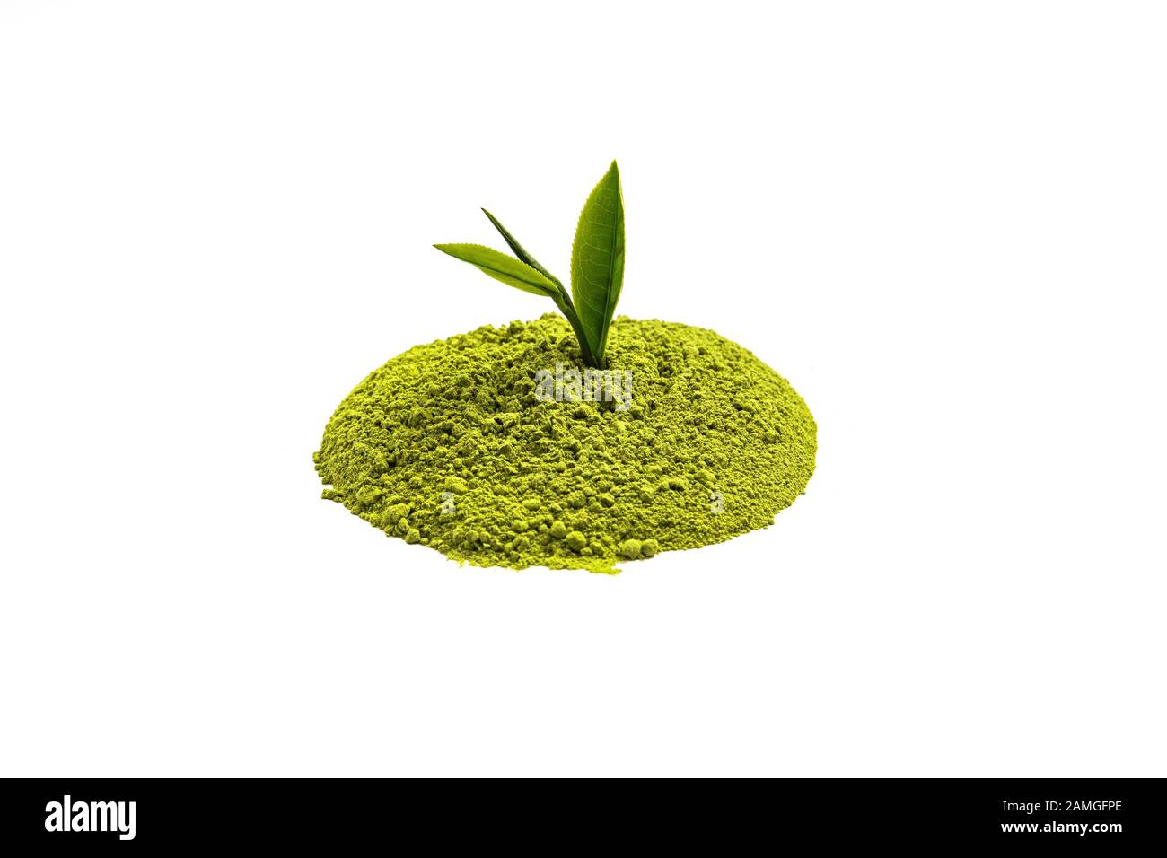 Isolate Heap of extract green Tea powder on white floor background