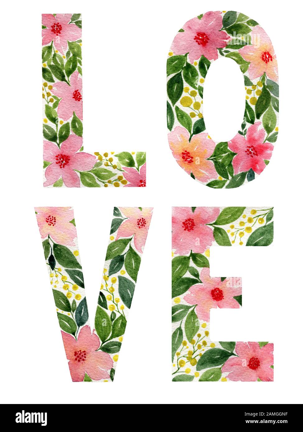 Floral Love Word Letter Made Of Watercolor Flowers Valentines