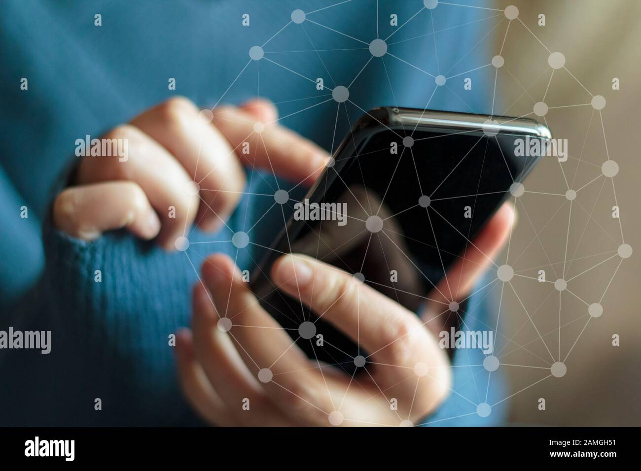 Woman hands using smartphone. Digital data network Stock Photo