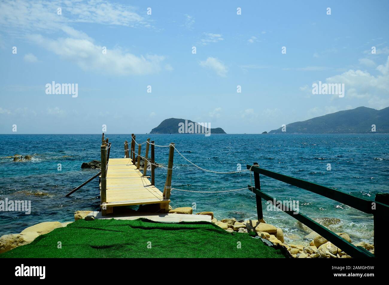 Greece, Zakynthos Island, web on Cameo island with view to Marathonissi island aka Turtle island Stock Photo