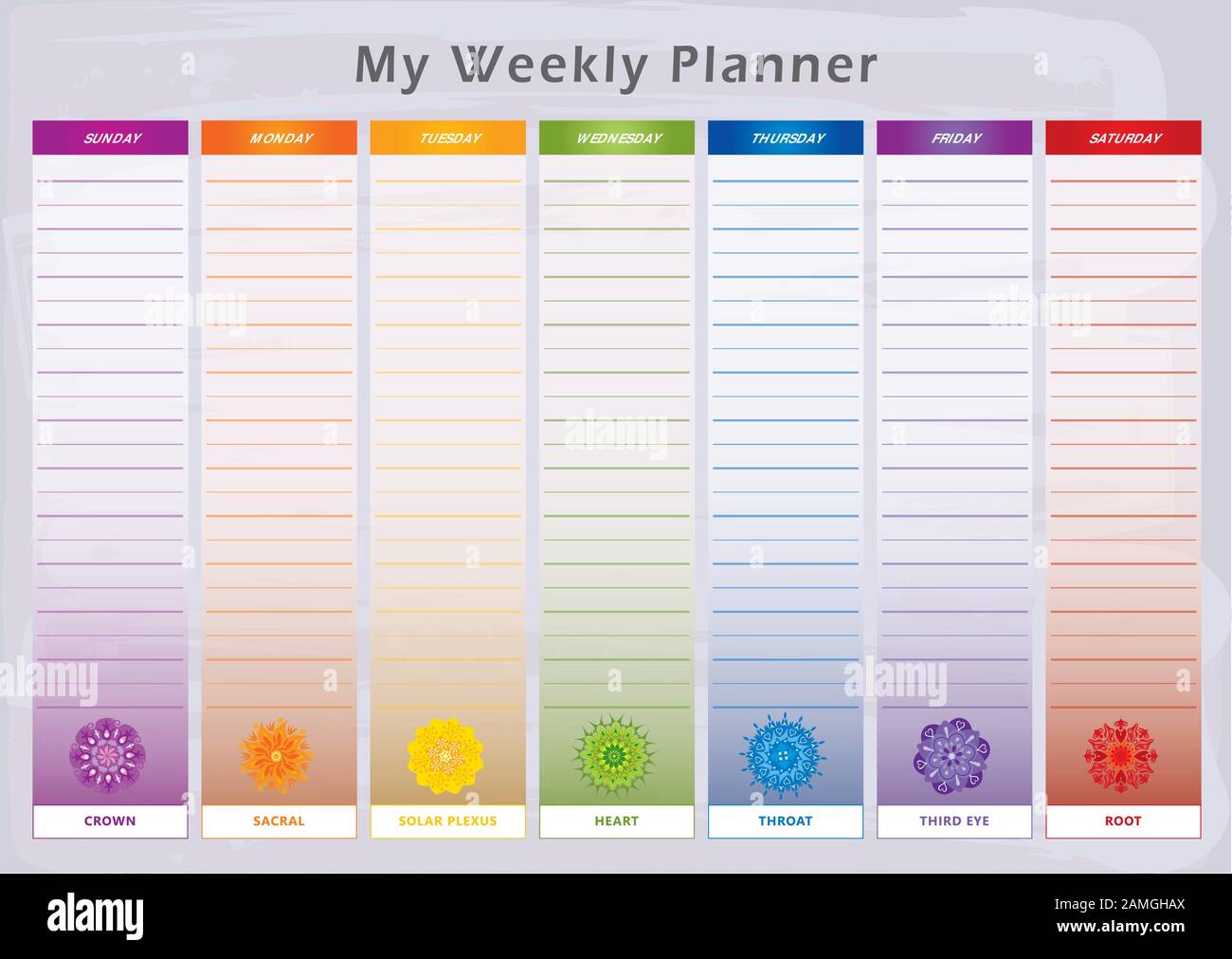 Weekly Planner with 7 Days and corresponding Chakras in Rainbow Colors - English Language Stock Vector