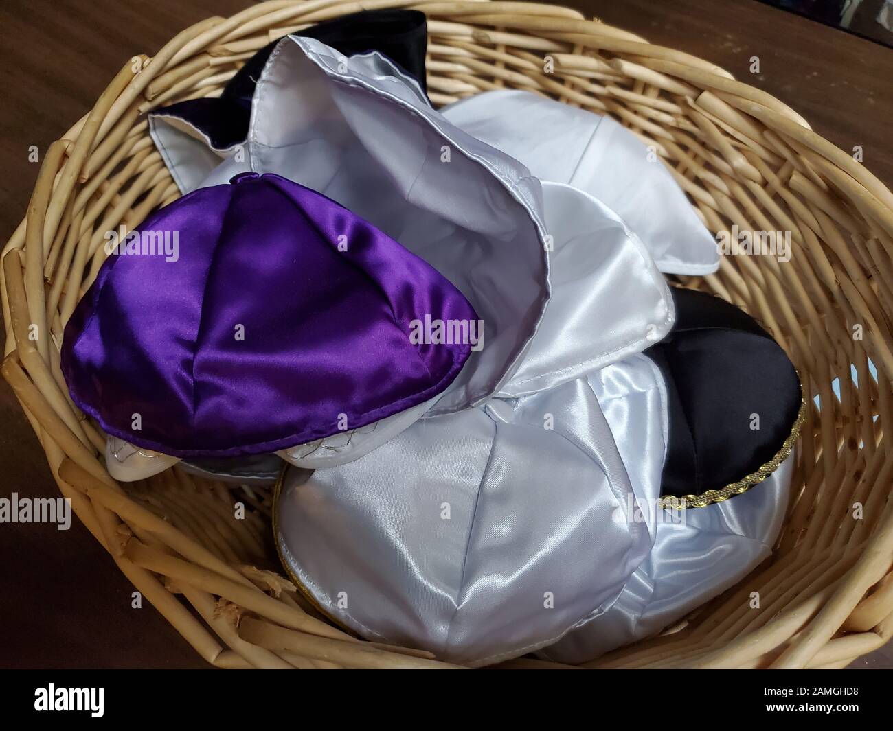 Close-up of ceremonial Keepa or Yarmulke skullcaps, worn in the Jewish religion during prayer and when entering holy spaces, Lafayette, California, December 4, 2019. () Stock Photo