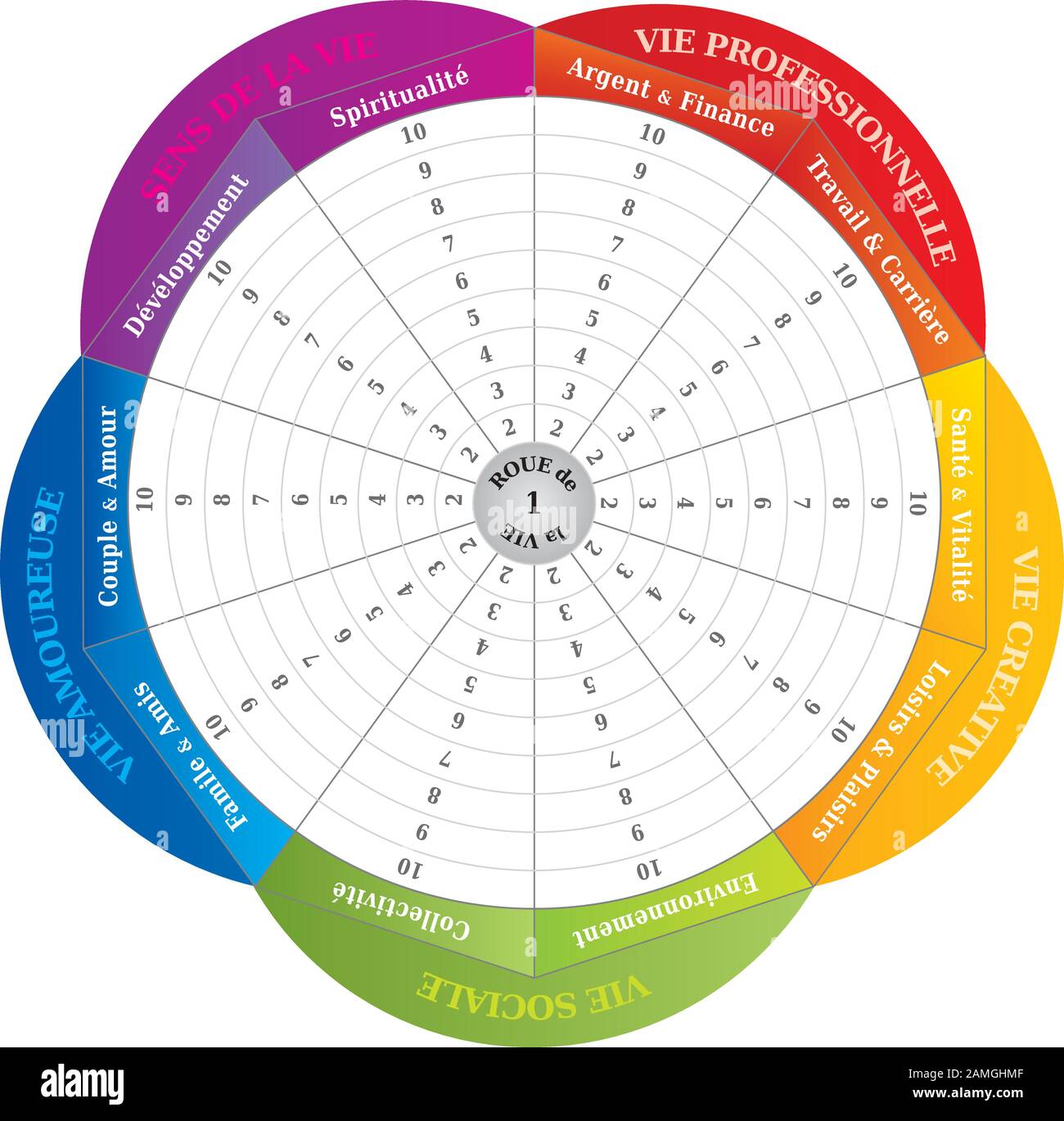 Wheel of Life - Diagram - Coaching Tool in Rainbow Colors - French Language Stock Vector