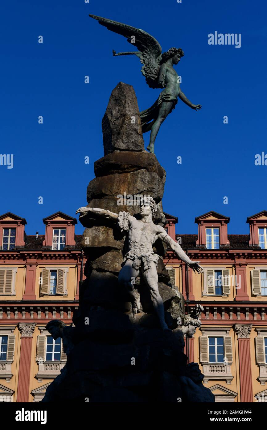 Monument dedicated to the Fréjus Road Tunnel in Piazza Statuto, Turin, Italy Stock Photo