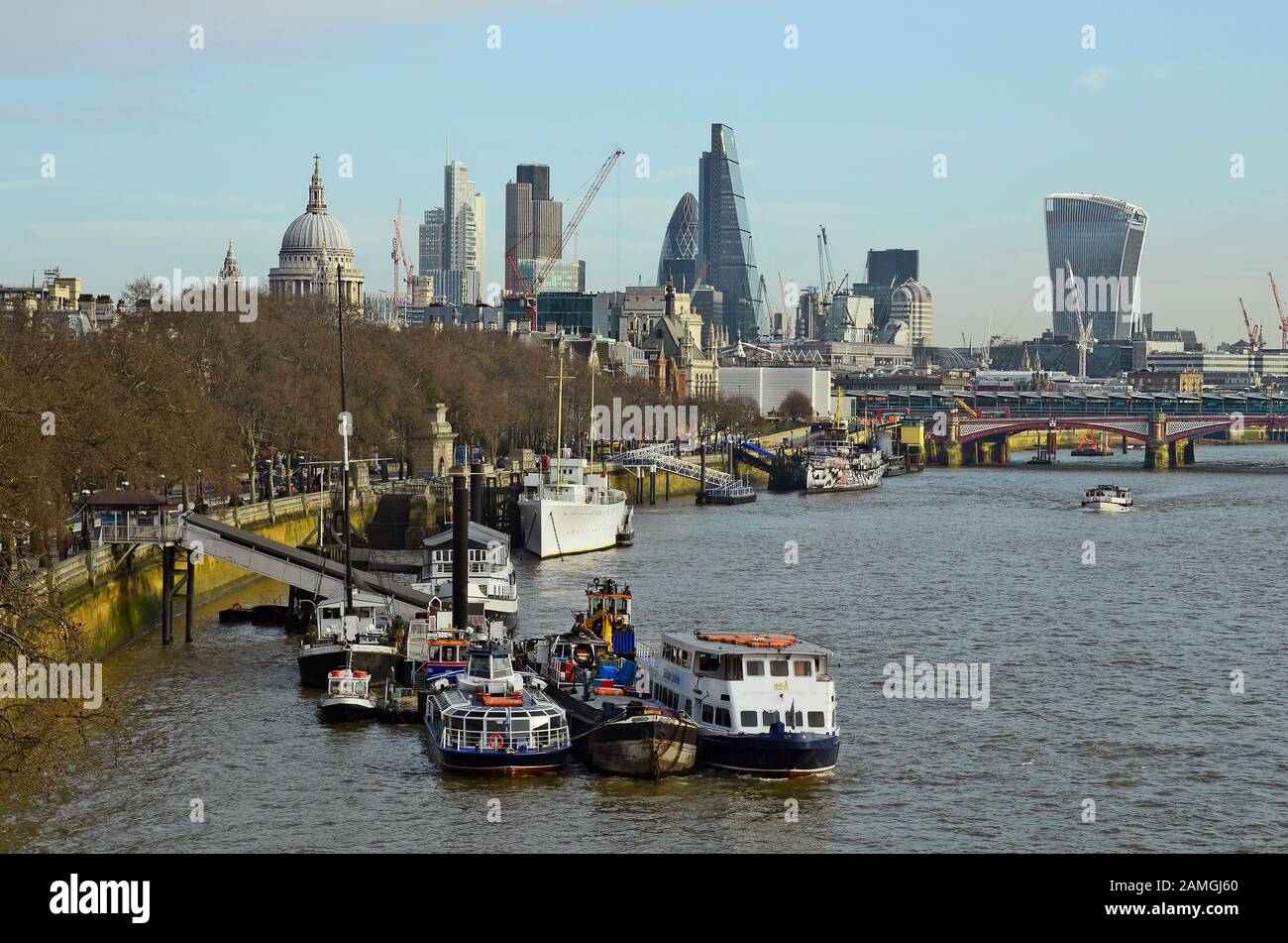 London, United Kingdom - January 16th 2016: Blackfriars bridge over river Thames and different buildings, St.Pauls cathedral, Heron tower, B42 tower a Stock Photo