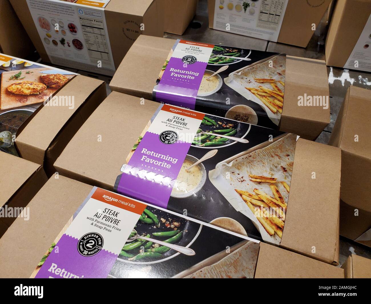 Close-up of a display of Amazon meal kits, pre-packaged ingredients and recipes offered by Amazon.com as part of its acquisition of the upscale grocery chain Whole Foods Market, San Ramon, California, December 10, 2019. () Stock Photo