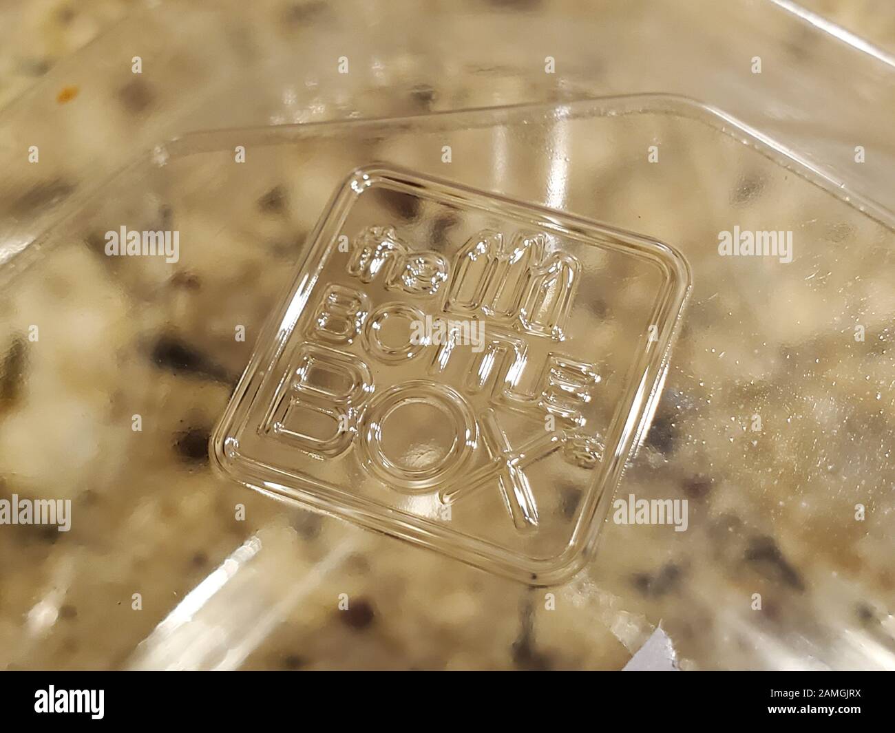 Close-up of logo on Bottle Box, a restaurant carryout box made from recycled plastic bottles, San Ramon, California, December 11, 2019. () Stock Photo