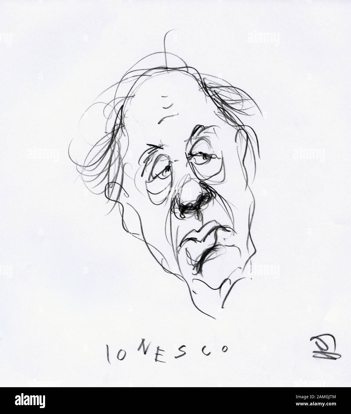 Portrait Drawing of Eugene Ionesco, Writer Stock Photo