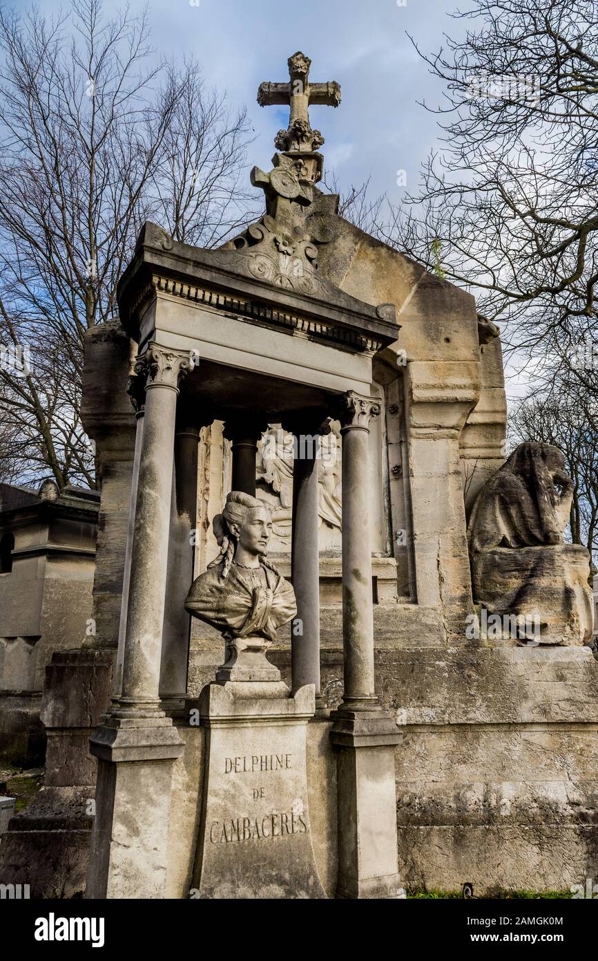 Ornate memorial tomb of Delphine de Cambaceres in the Père Lachaise Cemetery, Paris 75020, France. Stock Photo