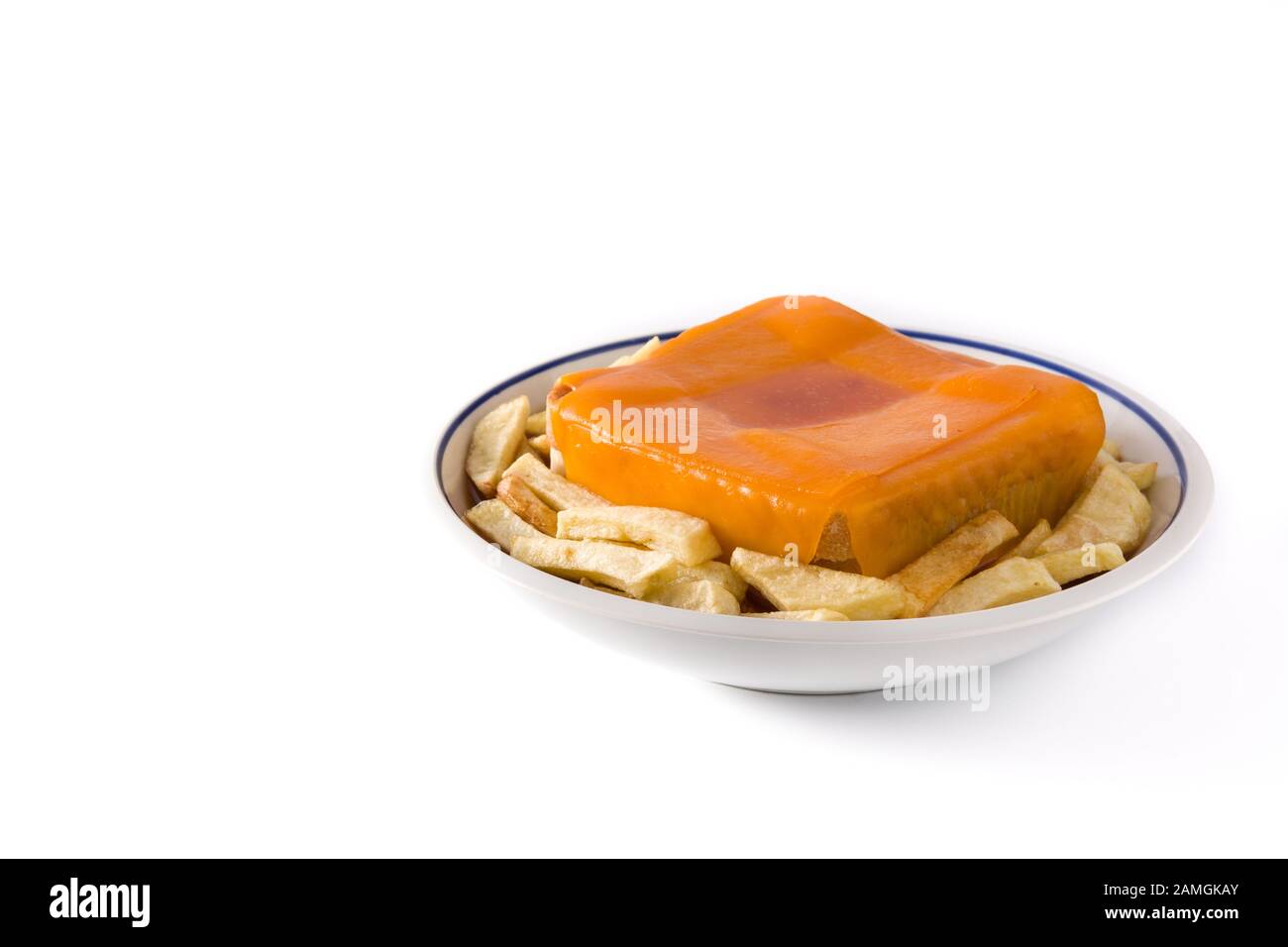 Typical Portuguese francesinha sandwich with french fries isolated on white background. Copy space Stock Photo