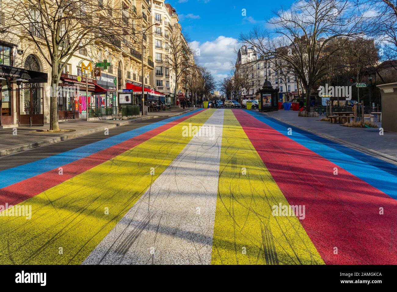 Painted street surface on the Place Martin Nadaud, Paris 75020, France