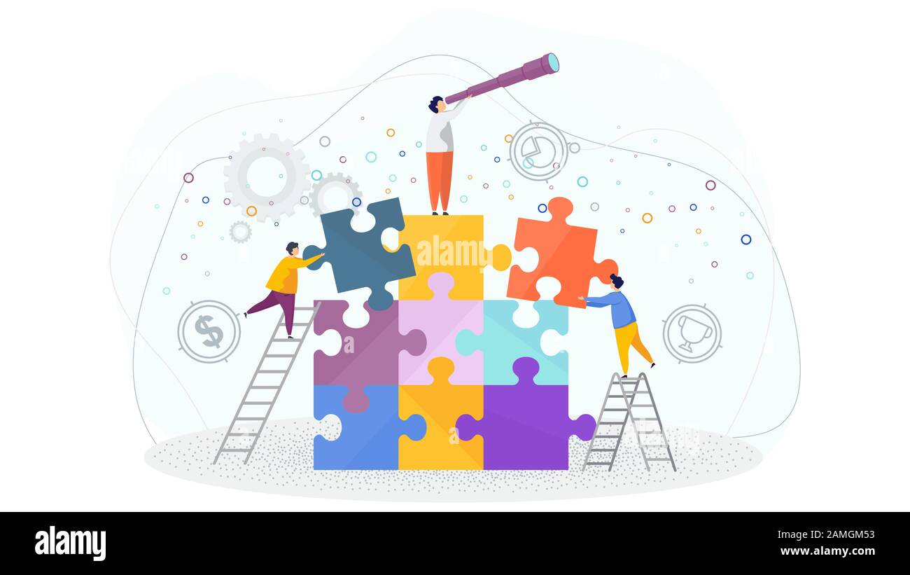 Tiny people assemble a puzzle Stock Vector