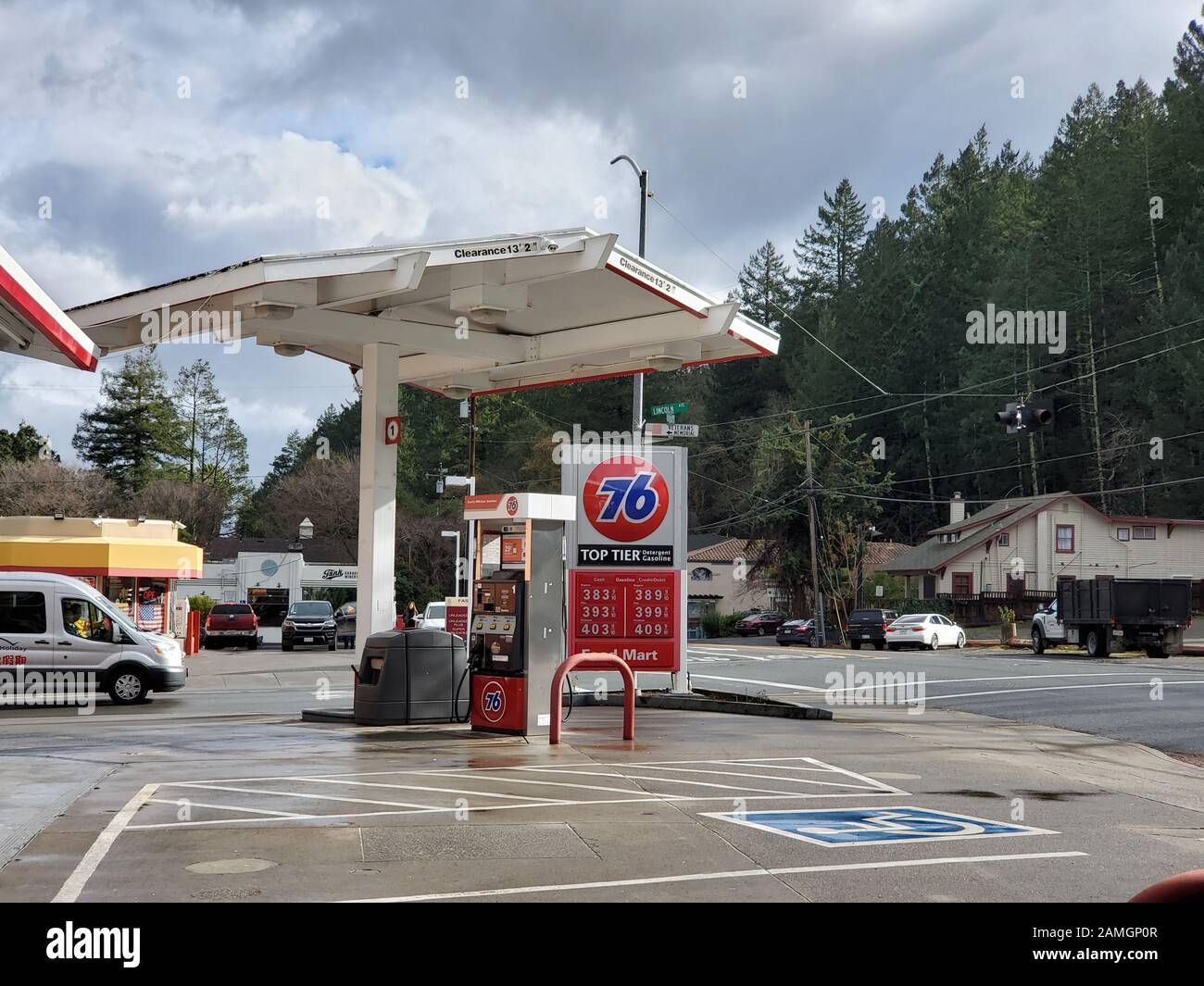 76 gas stations and other small stores are visible in downtown Calistoga, California, in the Napa Valley wine country, December 22, 2019. () Stock Photo