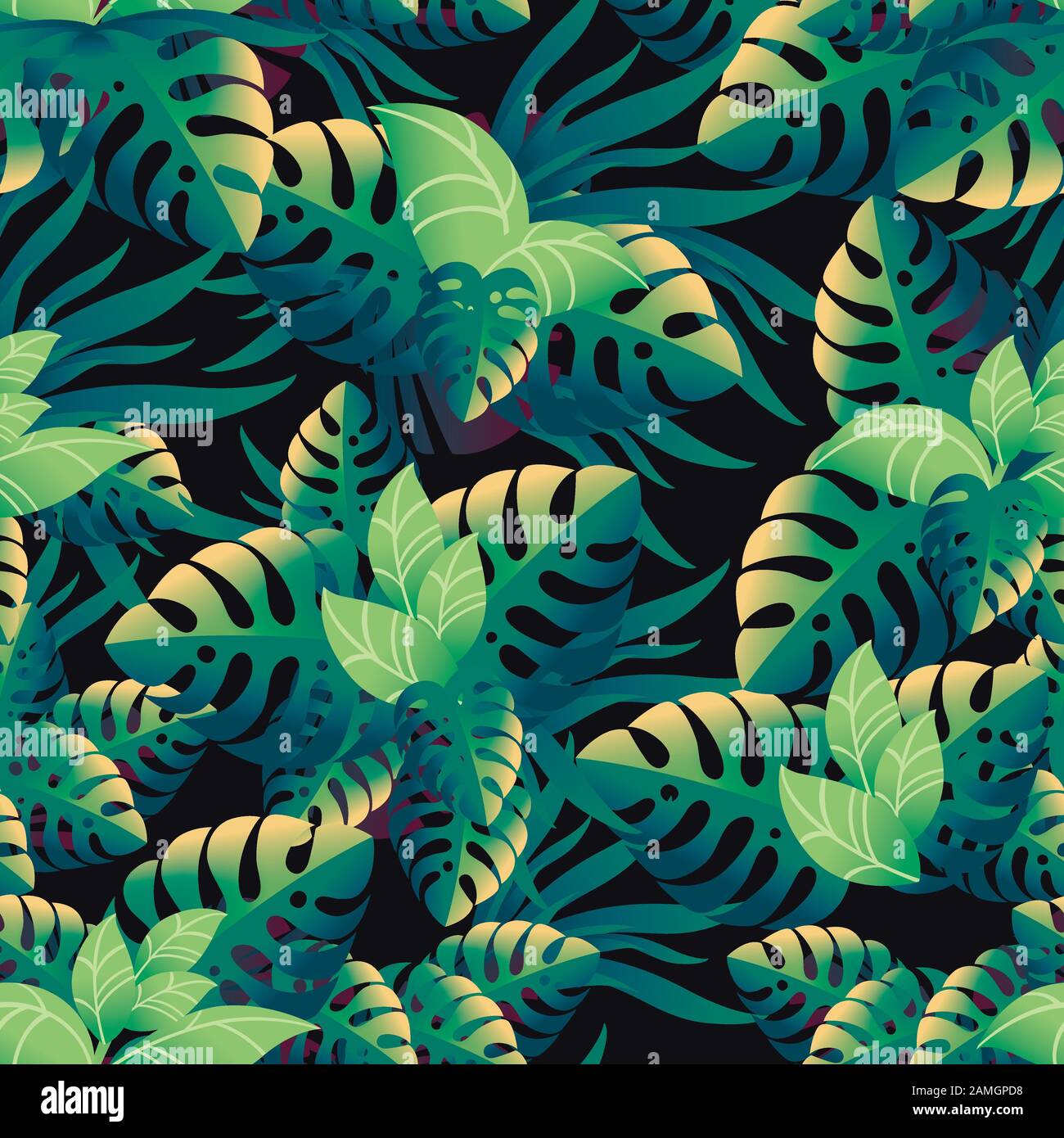Seamless pattern of tropical green leaves with different shape flat ...