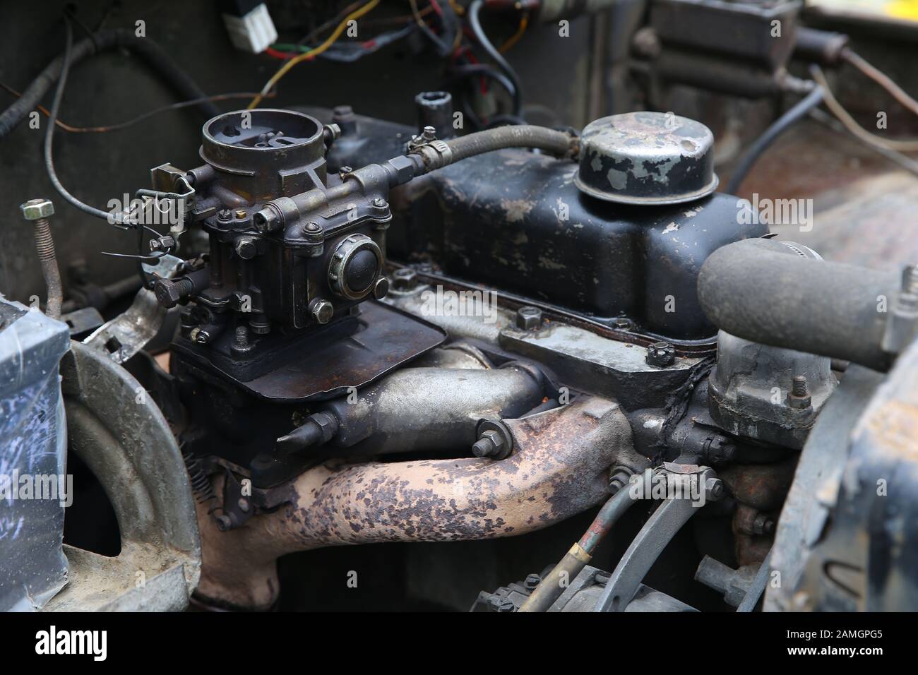UAZ Patriot, close-up of the engine, front view. Internal combustion engine, car parts, deteyling . Engine compartment. Model UAZ from the Soviet Stock Photo