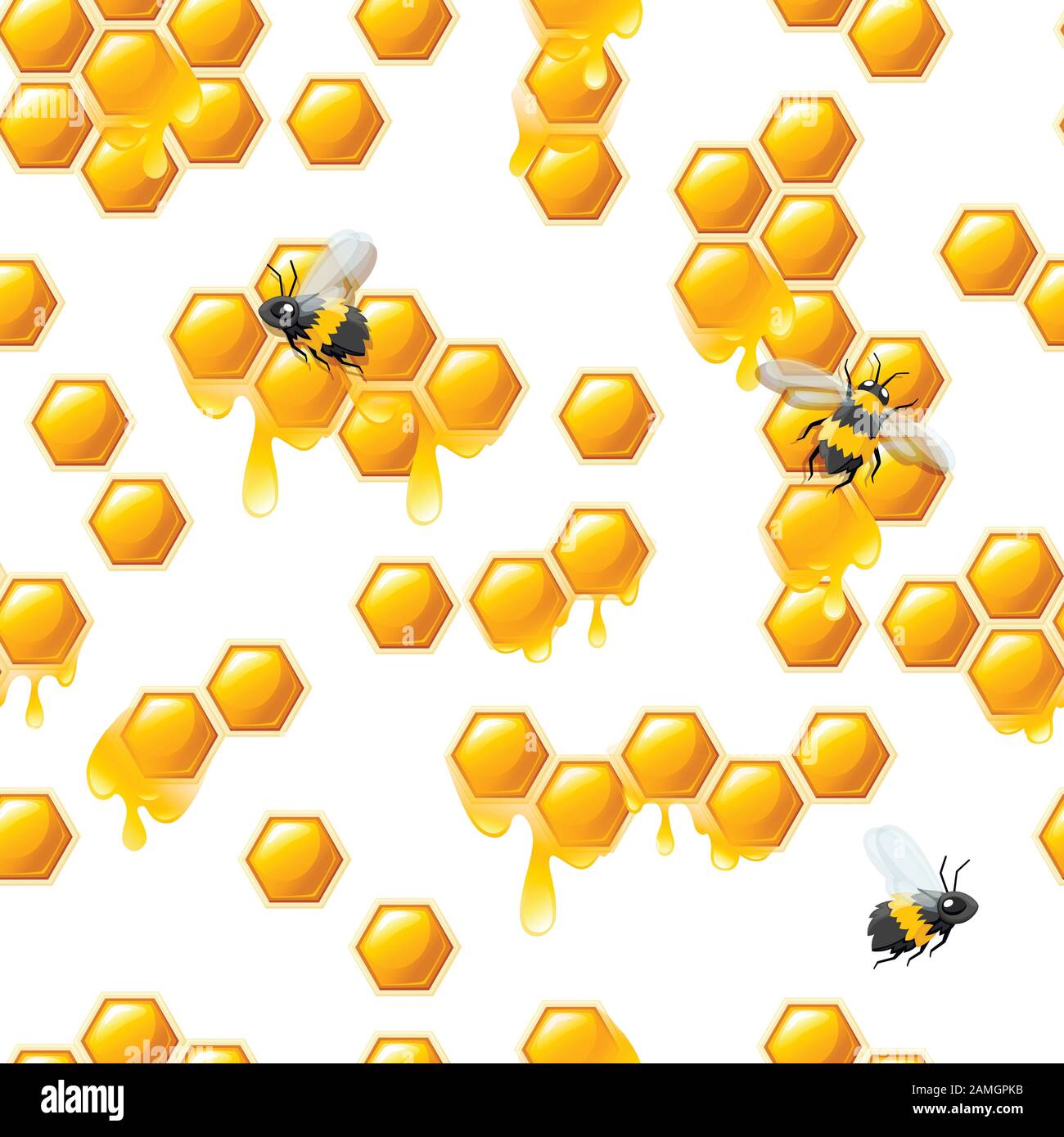 Seamless pattern with honeycombs honey drops and bee flat vector ...
