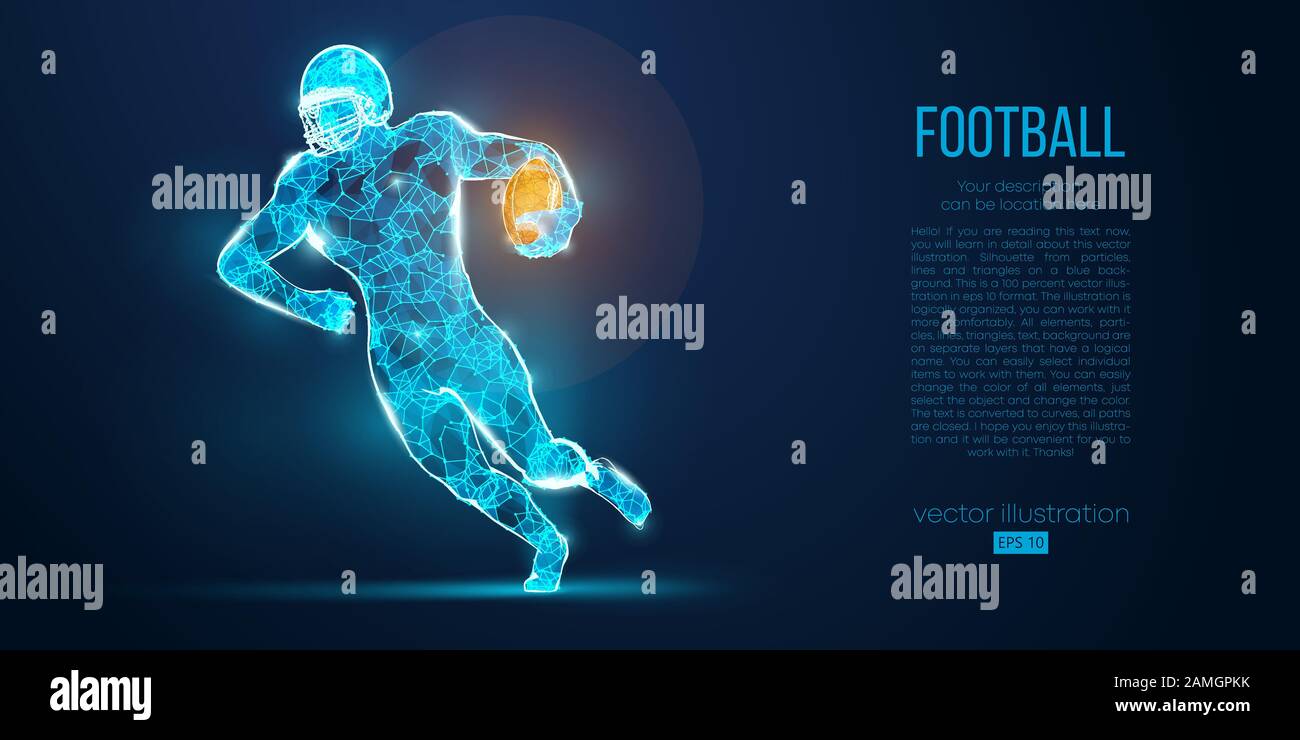 Abstract football player from particles, lines and triangles on blue ...