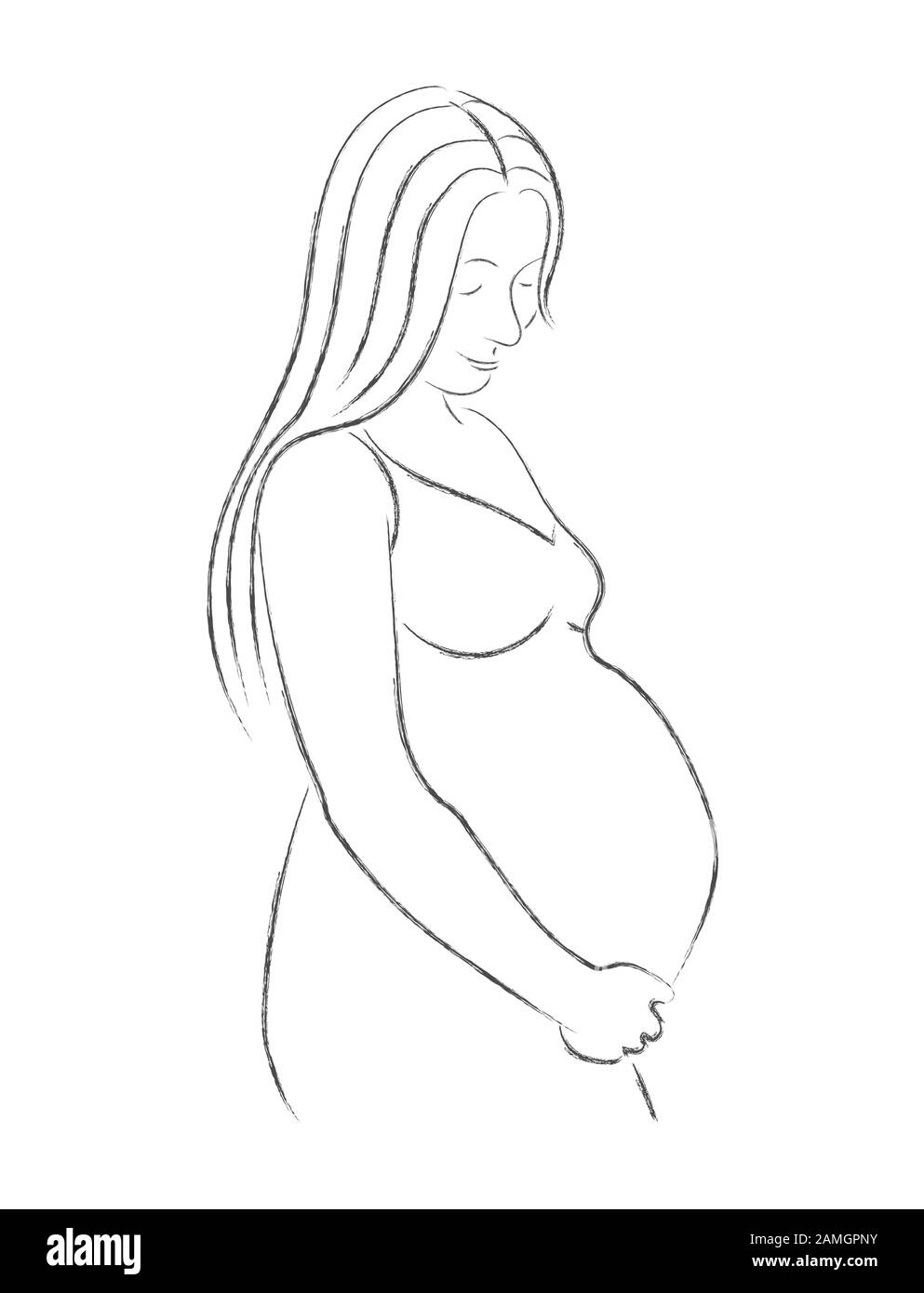Vector pencil drawing of a pregnant woman. The pregnant woman bows her head and holds her stomach. Isolated on a white background. Stock Vector