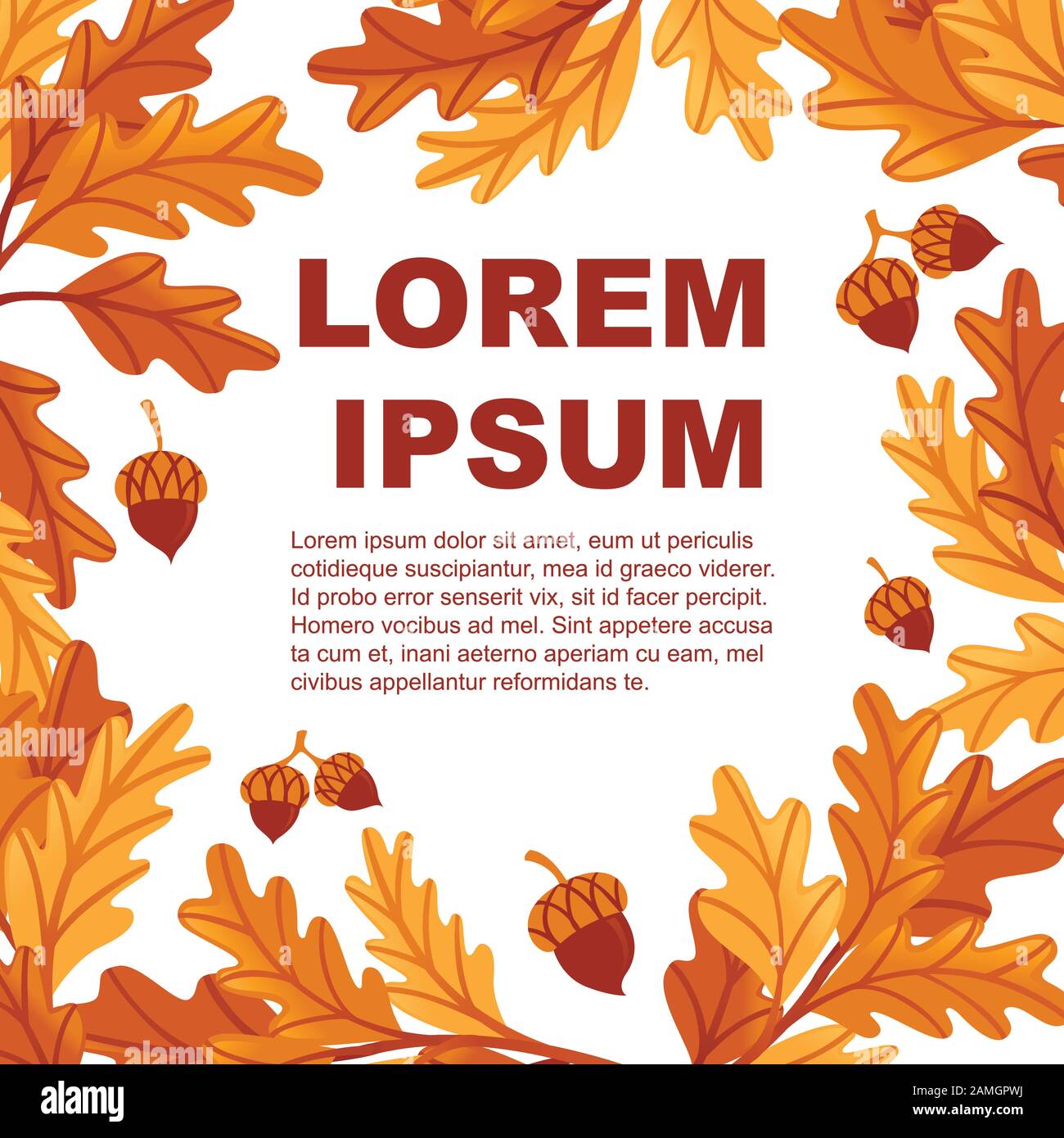 Flyer design with various oak autumn leaves with acorn flat vector illustration on white background. Stock Vector