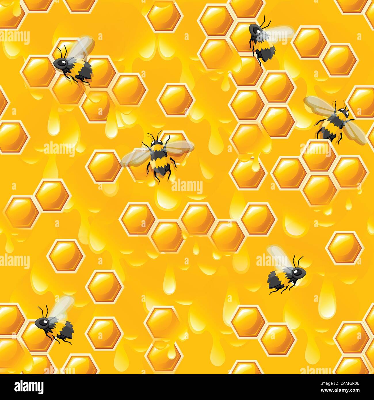Seamless pattern with honeycombs honey drops and bee flat vector ...