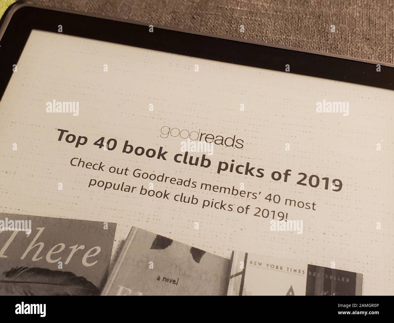Close Up Of Latest Generation Amazon Kindle Oasis E Book Reader With Leather Cover On Floral Print Fabric With Goodreads Logo Visible San Ramon California January 2 2020 Stock Photo Alamy