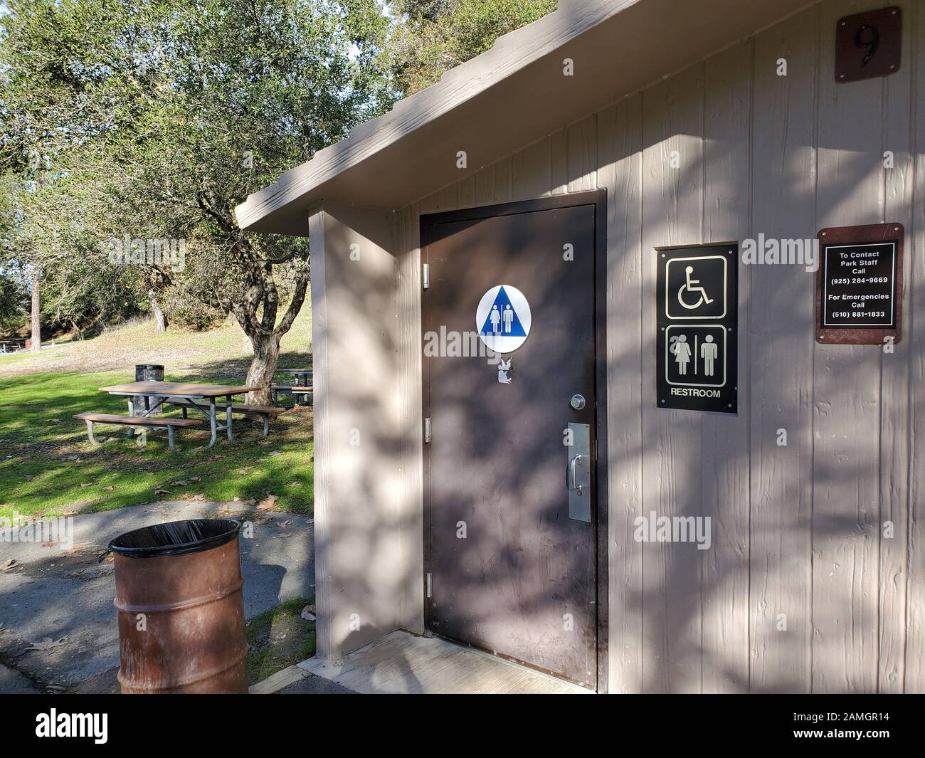 Public restroom with composting toilets is visible at the Lafayette Reservoir in Lafayette, California, 2020. () Stock Photo