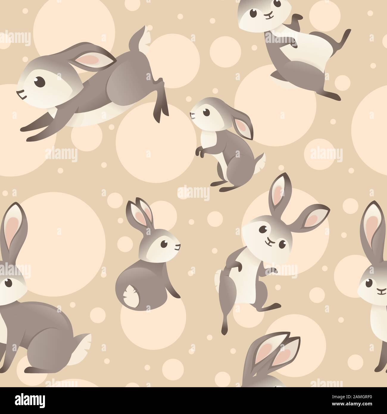 Seamless pattern of cute grey rabbit in various poses cartoon animal design flat vector illustration on beige background with circles. Stock Vector