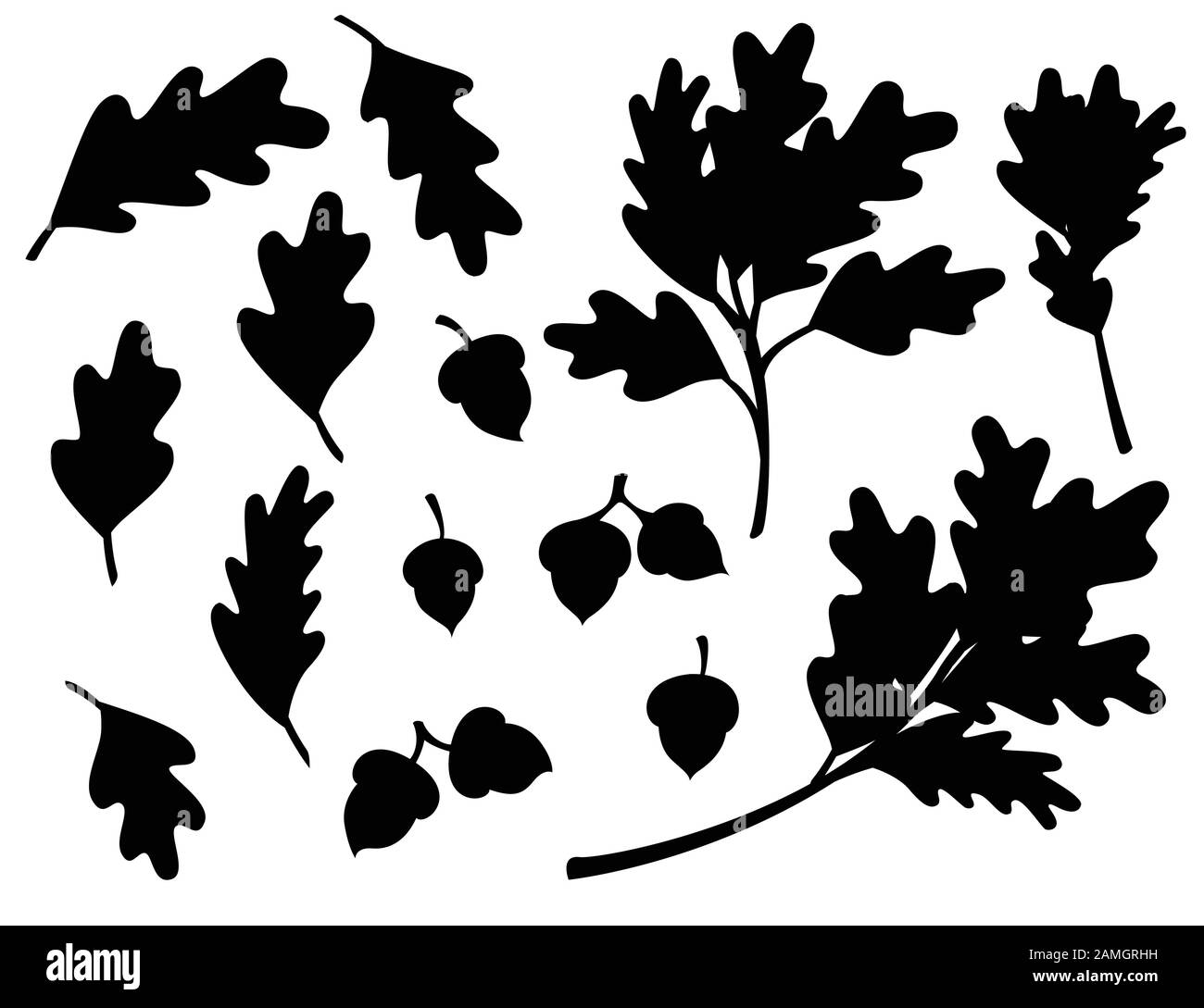 Black silhouette of various oak autumn leaves with acorn flat vector illustration isolated on white background. Stock Vector