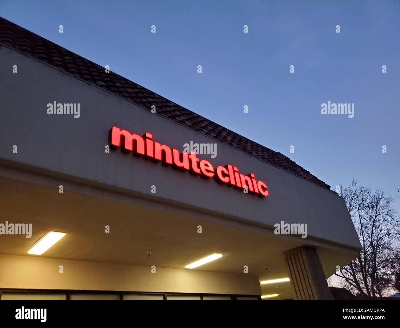 Night view of sign for Minute Clinic medical clinic at CVS Pharmacy in San Ramon, California, January 3, 2020. () Stock Photo