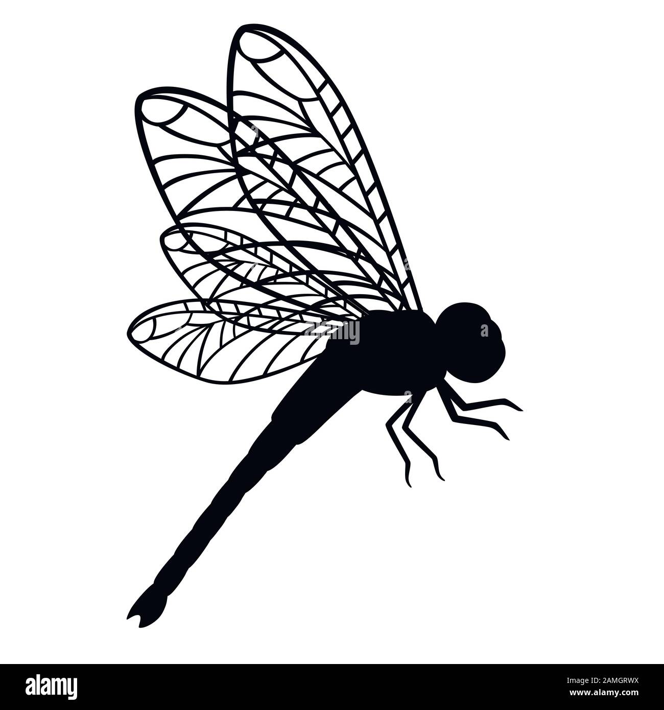 Black silhouette dragonfly flat vector illustration isolated on white background. Stock Vector