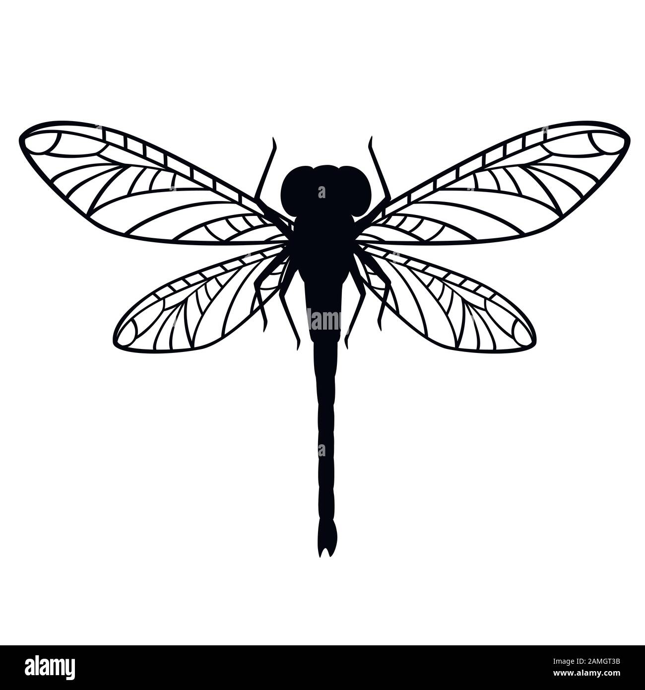 Black silhouette dragonfly flat vector illustration isolated on white background. Stock Vector