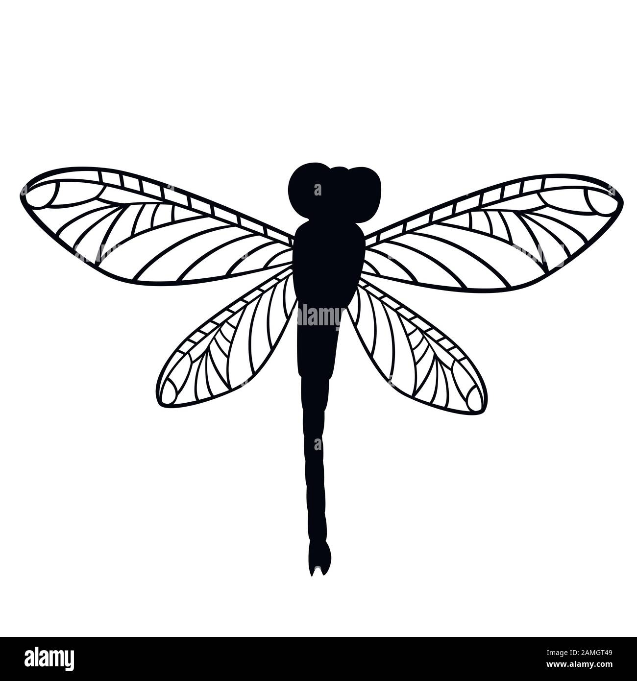 Black silhouette dragonfly flat vector illustration isolated on white background. Stock Vector