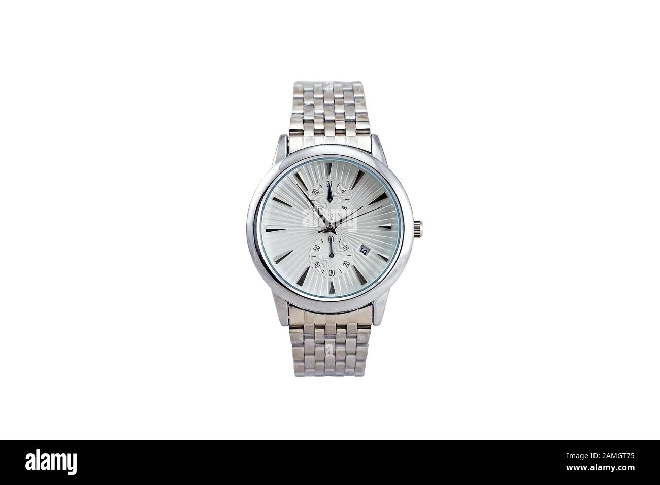 Men's silver colored, classic round shape, numberless wrist watch with metal strap, white clock