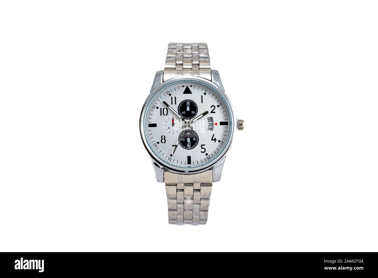 Men's silver colored, classic round shape, numberless wrist watch with metal strap, white clock