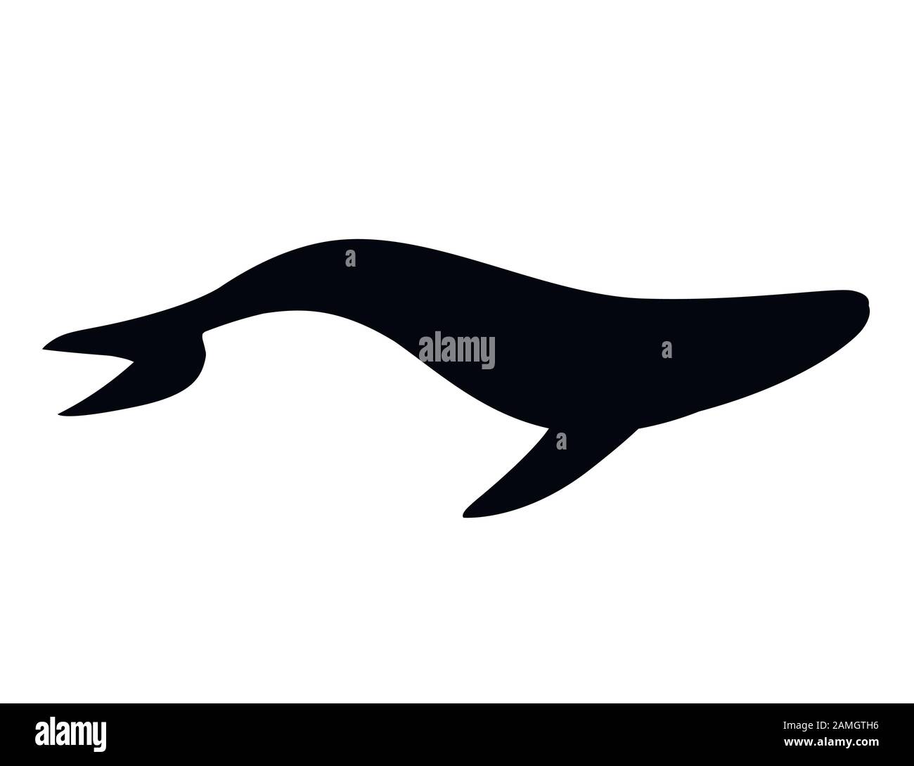 Black silhouette big blue whale cartoon animal design biggest mammal on the earth flat vector illustration isolated on white background. Stock Vector